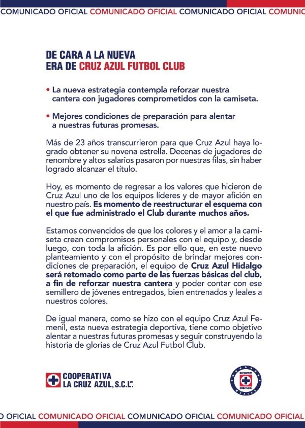 Comunicado Cruz Azul Fuerzas básicas